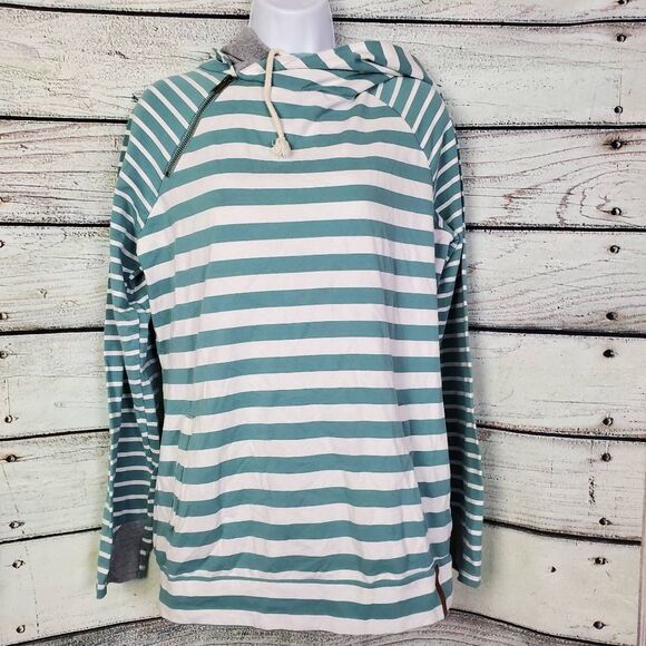 Ampersand Avenue Women’s Hoodie Green White Striped Size L - Picture 1 of 8